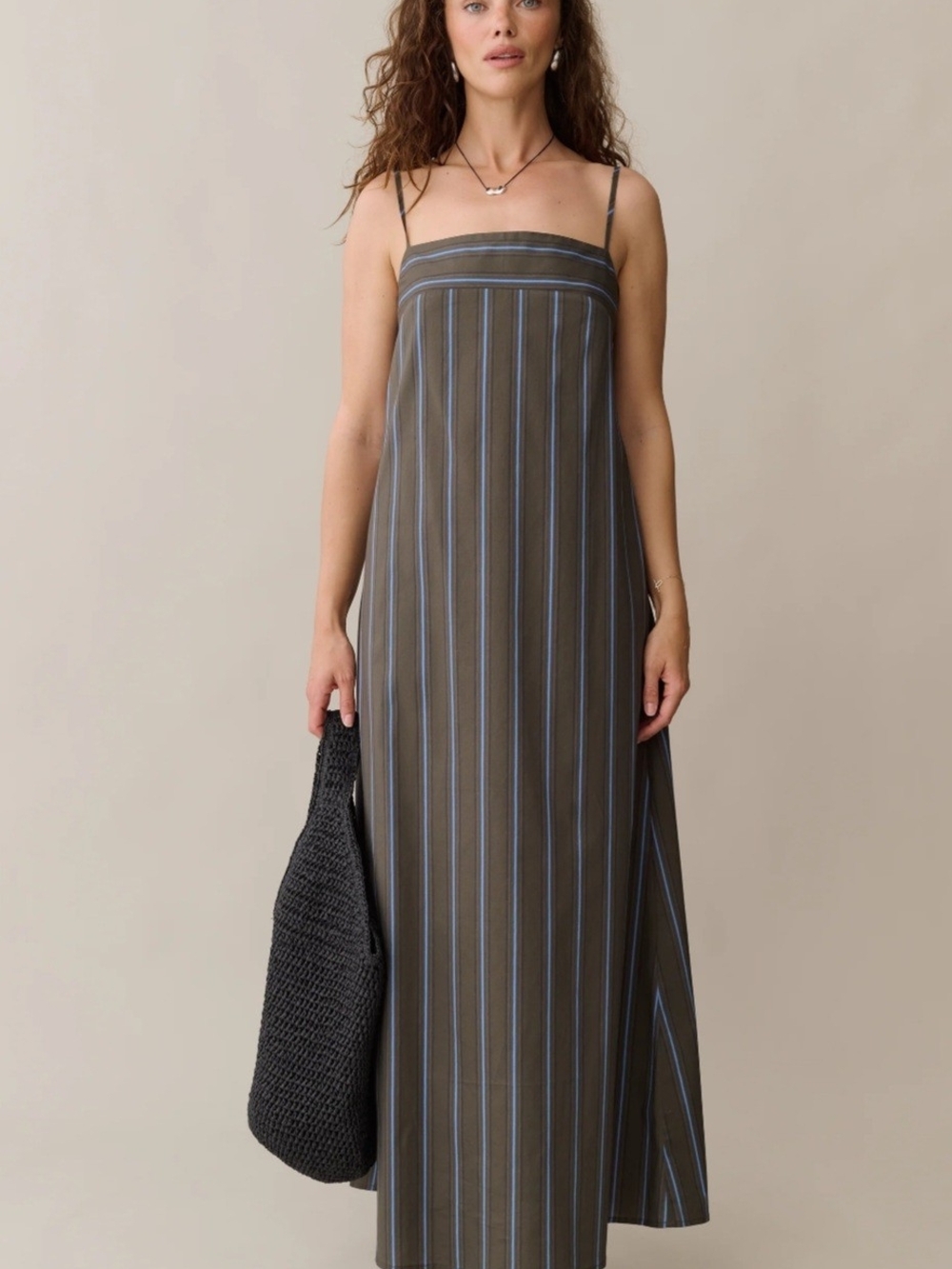 Olive Stripe Maxi Slip Dress with Thin Straps